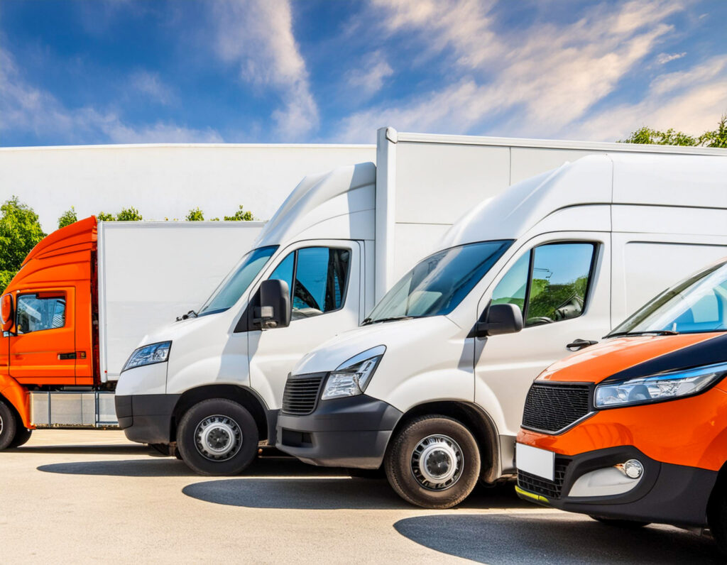 delivery trucks vans fleet of cargo trucks courier service warehouse building